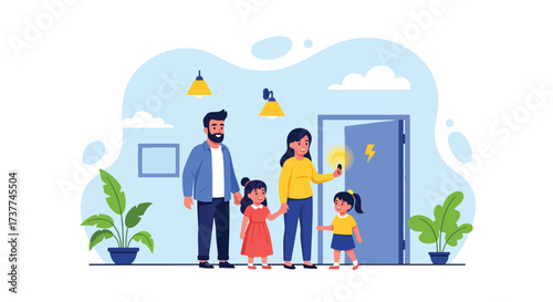 Adobe illustrator artwork vector illustration: Happy family installing an energy-efficient light bulb, promoting sustainability, home improvement, and responsible living