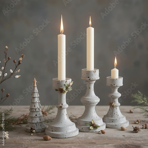 Christmas candle holders crafted from concrete or stone.