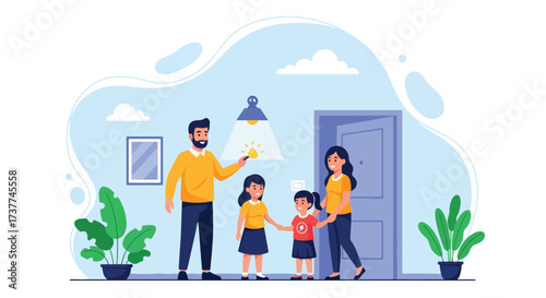 Adobe illustrator artwork vector illustration: Happy family installing an energy-efficient light bulb, promoting sustainability, home improvement, and responsible living
