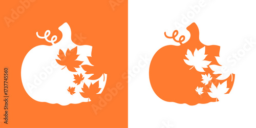 Logo con silueta de calabaza con hojas de arce para tarjetas y felicitaciones del Día de Acción de Gracias 