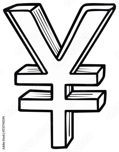 Hand drawn 3D Yen symbol with thick black outlines and shaded interior representing Japanese currency