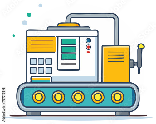 Cartoon illustration of a factory machine on a production line with a conveyor belt and control panel for automation