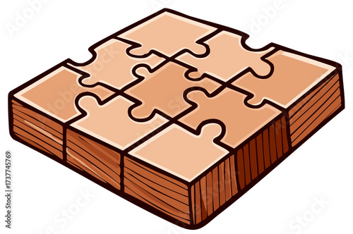 Hand drawn illustration of a completed six piece wooden jigsaw puzzle showing a whole solution