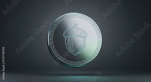 Silver acorn coin with digital circuit design on a dark background for finance concepts