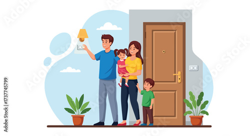 Adobe illustrator artwork vector illustration: Happy family installing an energy-efficient light bulb, promoting sustainability, home improvement, and responsible living