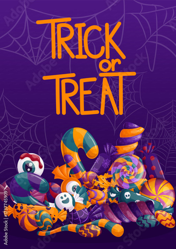 A Halloween flyer design template. A handful of candies, lollipops, marshmallows, caramel sticks. "Trick or treat." Vector illustration for seasonal design of banners, posters, promotions, invitations