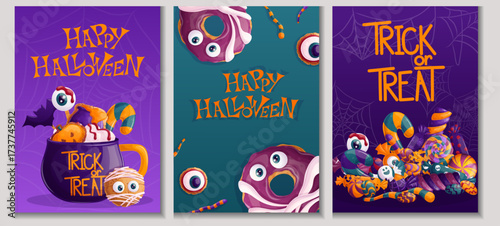 A set of Halloween design templates. Candies, sweets, cupcakes, cookies. "Trick or treat." Isolated vector illustration for the design of posters, banners, invitations.