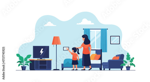 Adobe illustrator artwork vector illustration: Mother and child turning off lights at home, promoting energy conservation, family values, and environmental awareness