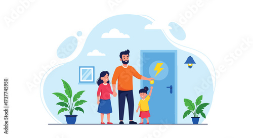 Adobe illustrator artwork vector illustration: Happy family installing an energy-efficient light bulb, promoting sustainability, home improvement, and responsible living