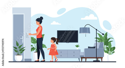 Adobe illustrator artwork vector illustration: Mother and child turning off lights at home, promoting energy conservation, family values, and environmental awareness