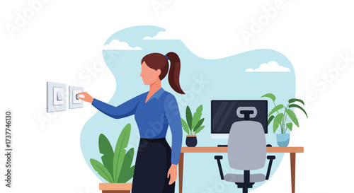 Adobe illustrator artwork vector illustration: Woman turning on a light switch in a modern office, symbolizing new beginnings, productivity, and a fresh start at work