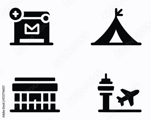 Modern Pictogram Set Featuring Essential Travel Icons A Visual Guide to Exploring Destinations and Experiences Around the World