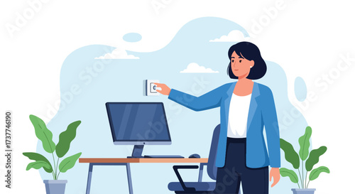 Adobe illustrator artwork vector illustration: Woman turning on a light switch in a modern office, symbolizing new beginnings, productivity, and a fresh start at work