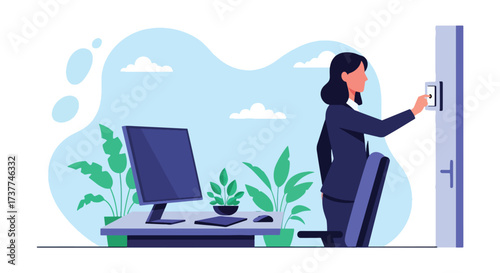 Adobe illustrator artwork vector illustration: Woman turning on a light switch in a modern office, symbolizing new beginnings, productivity, and a fresh start at work