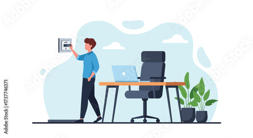 Adobe illustrator artwork vector illustration: Man turning off a light switch in a modern home office, emphasizing energy saving, remote work, and smart living concepts