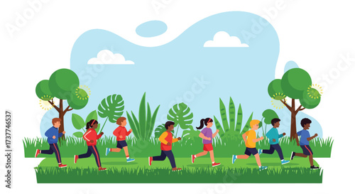 Adobe illustrator artwork vector illustration: Three happy children jogging outdoors in a sunny park, promoting healthy activities, friendship, and an active lifestyle for kids