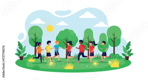 Adobe illustrator artwork vector illustration: Three happy children jogging outdoors in a sunny park, promoting healthy activities, friendship, and an active lifestyle for kids