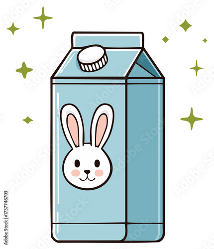 Cute blue carton of milk with rabbit face and stars, illustration for kids