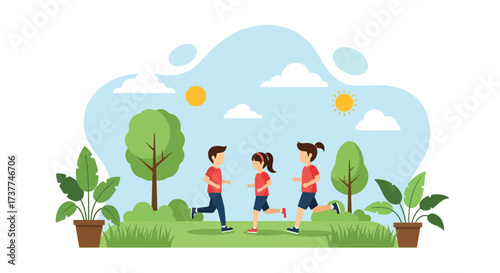 Adobe illustrator artwork vector illustration: Three happy children jogging outdoors in a sunny park, promoting healthy activities, friendship, and an active lifestyle for kids