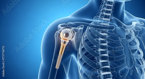 Anatomical illustration of shoulder joint replacement with rib cage viewable