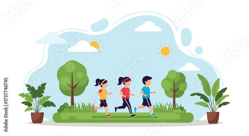 Adobe illustrator artwork vector illustration: Three happy children jogging outdoors in a sunny park, promoting healthy activities, friendship, and an active lifestyle for kids