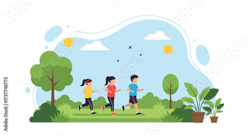 Adobe illustrator artwork vector illustration: Three happy children jogging outdoors in a sunny park, promoting healthy activities, friendship, and an active lifestyle for kids