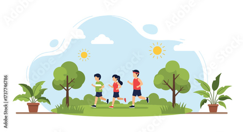 Adobe illustrator artwork vector illustration: Three happy children jogging outdoors in a sunny park, promoting healthy activities, friendship, and an active lifestyle for kids