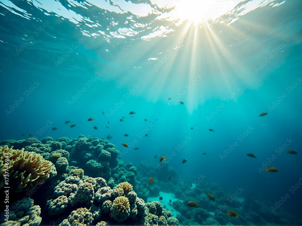 Obraz premium Plastic-Free Ocean Crystal-clear ocean waves with schools of fish swimming near coral reefs, no plastic waste visible