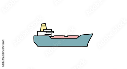 A simple, flat design vector illustration of a large cargo ship, shown in side profile against a plain white background.