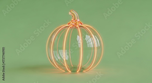 Elegant glass pumpkin with glowing orange lines on a soft green background for fall decorations