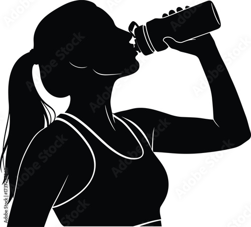 Fitness woman drinking water from bottle, healthy hydration after workout, athletic silhouette, wellness lifestyle, gym recovery, active female, sports nutrition.