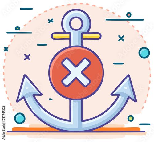 Anchor with a cross mark and decorative elements, symbol for stop, error or rejection