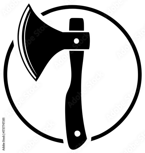 Black and white circular logo featuring a sharp axe head and handle silhouette