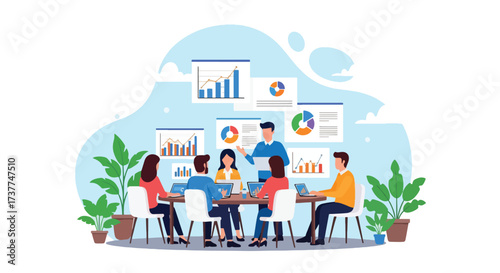Adobe illustrator artwork vector illustration: Business team analyzing data and charts in a modern office, perfect for corporate presentations and financial reports.