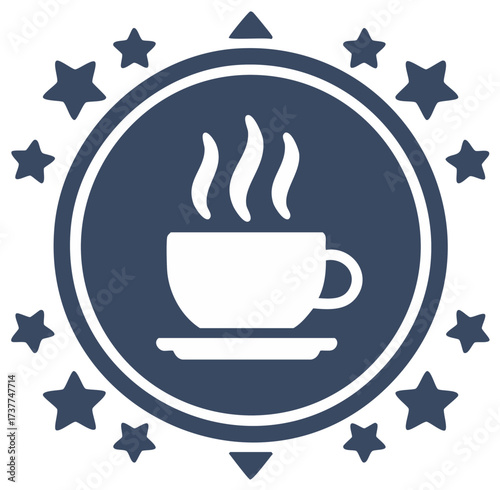 Hot Beverage Logo with Stars, Steaming Drink in Mug Circle Icon