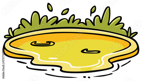 Cartoon illustration of a yellow puddle spilling onto the ground with green grass