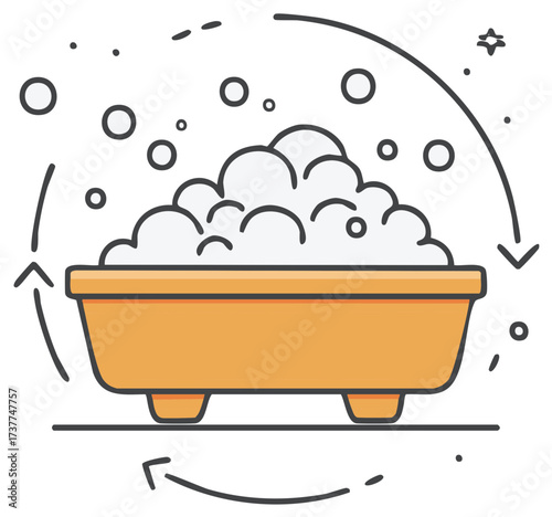 Colorful line art icon of a bathtub full of soap foam with arrows symbolizing a cleaning cycle