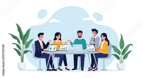 Adobe illustrator artwork vector illustration: Business team analyzing data and charts in a modern office, perfect for corporate presentations and financial reports.