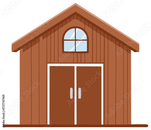 Simple wooden shed with double doors and a arched window under a gable roof