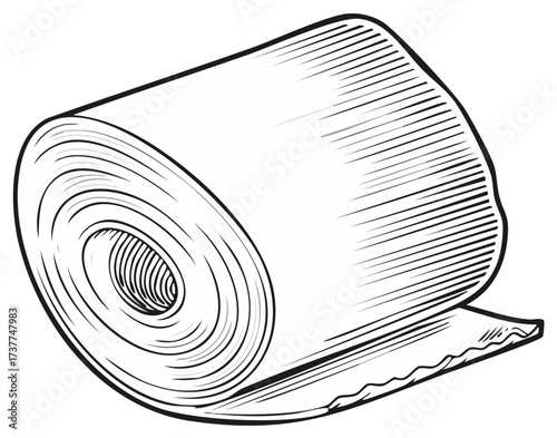 Illustration of Rolled Paper Towel or Toilet Paper Roll with Etched Details and Perspective