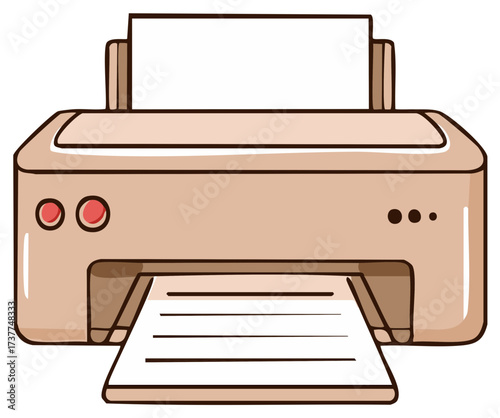 Cartoon style printer with paper document being printed
