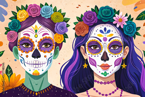 Vibrant sugar skull makeup design for Halloween or Dia De Muertos holiday, illustrated in professional high-quality vector style, perfect for stock imagery, festive themes, party promotions, creative