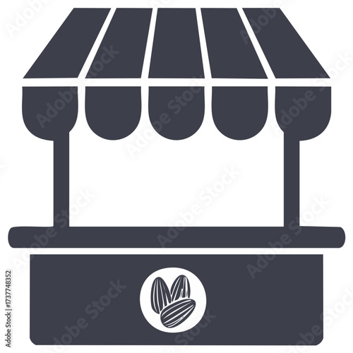 Farmers market stand icon with a sunflower seed logo on a simple gray kiosk