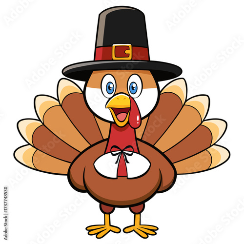 Funny cartoon style Thanksgiving Turkey wearing a pilgrim hat. Festive vector mascot character for holiday greeting card, poster, banner, sticker, or invitation design.