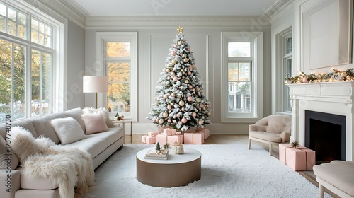 Beautiful christmas tree with pink ornaments and gifts in a bright and elegant living room setting