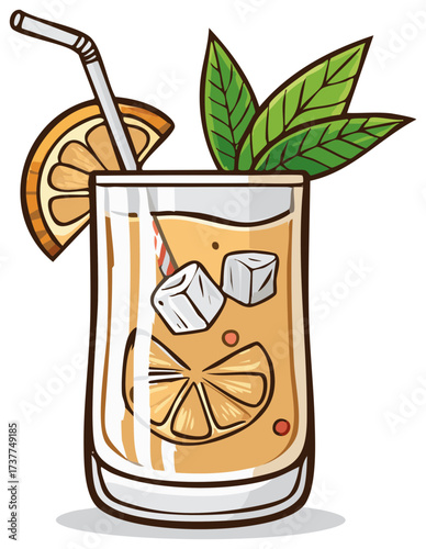 Illustration of refreshing orange juice in glass with straw, ice cubes, orange slice and leaves