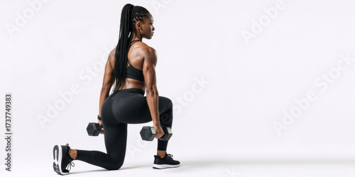 Strong athletic Black woman performing a lunge exercise with dumbbells. Muscular female bodybuilder in profile on a white background with copy space
