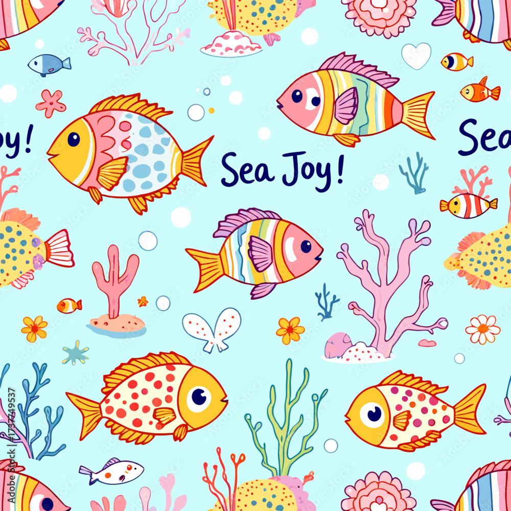 Fototapeta premium Colorful cartoon fish ocean pattern, Sea Joy! design t-shirt streetwear clothing, vector typography, perfect for modern apparel