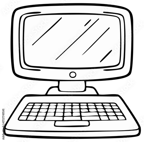 Monochrome outline drawing of a classic portable laptop computer digital device icon