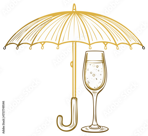 Golden umbrella protecting a flute of bubbly champagne